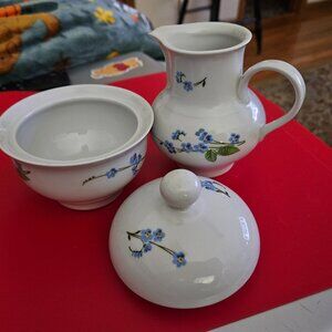 forget me nots covered lidded sugar bowl &creamer set  made in German republic